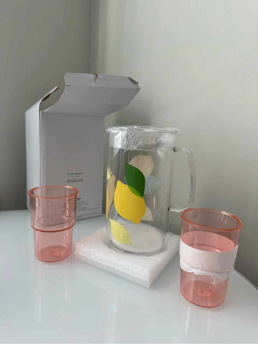 Kate Spade Yellow & Pink Lemon Pitcher + Cup Drinkware Set